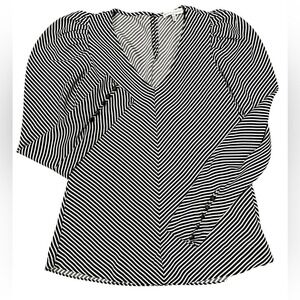 Maison d'Amelie Paris Striped V‎ Neck Blouse Puff Sleeve Top, Size Small